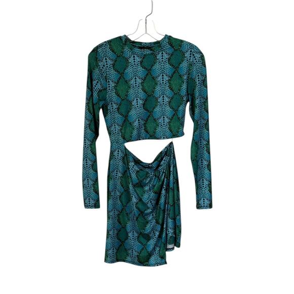AFRM: Iman Snakeskin Print Cutout Long Sleeve Minidress in Teal Snake – Med - Picture 3 of 6